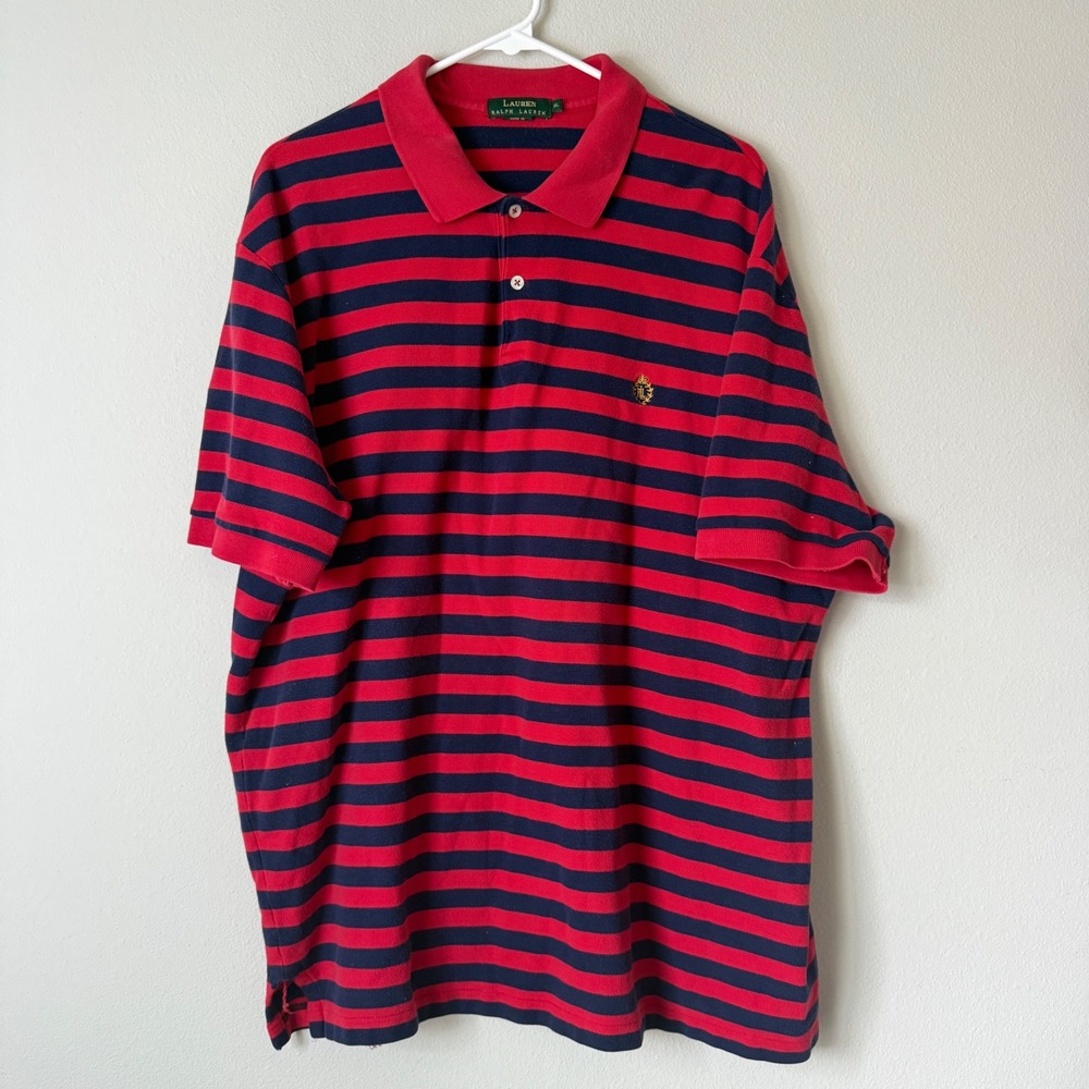 Lauren Ralph Lauren Mens XL Polo Shirt Red Navy Blue Striped Short Sleeve Crest